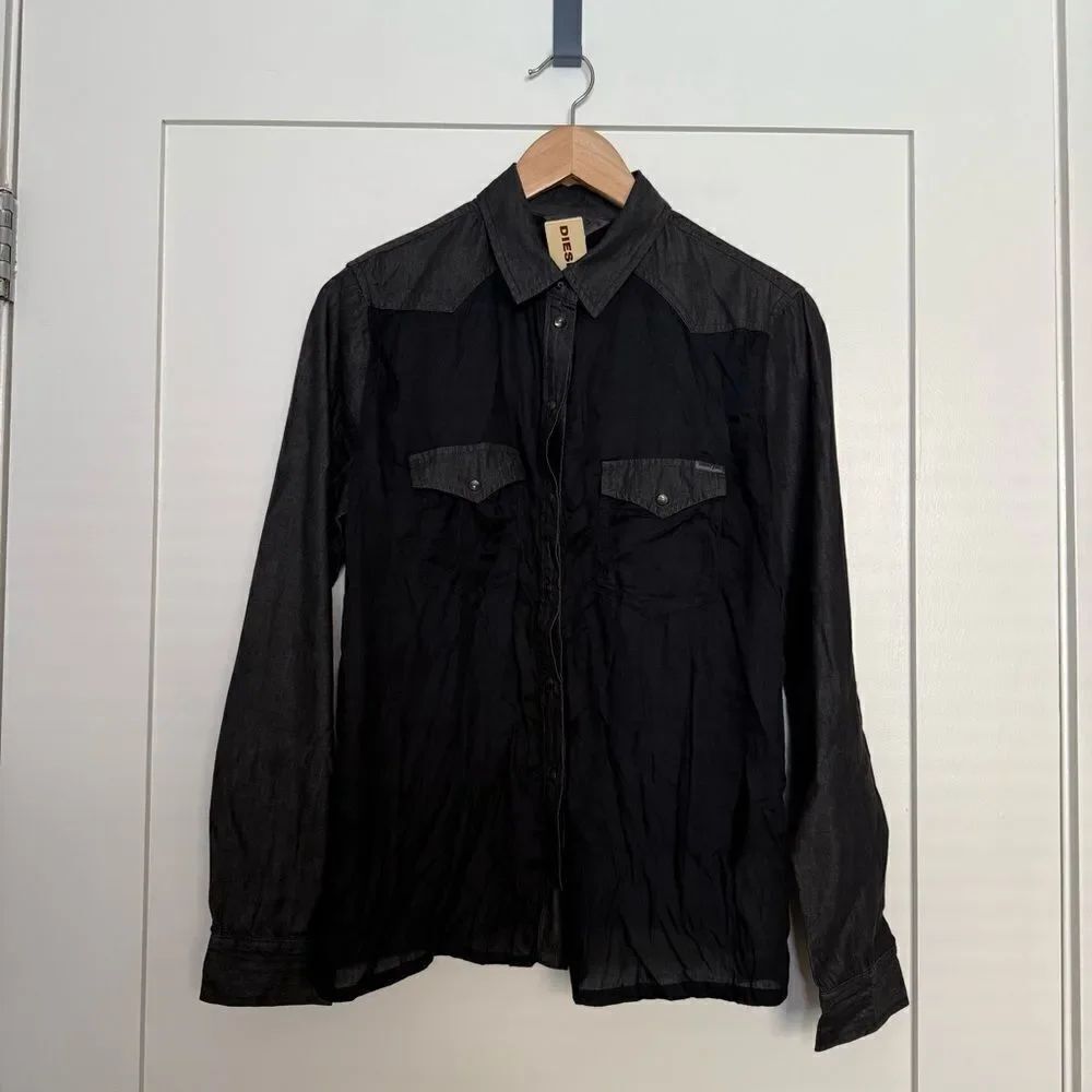 Diesel Industry Shirt Womens Size S Black Long Sleeve Snap Buttons Western
